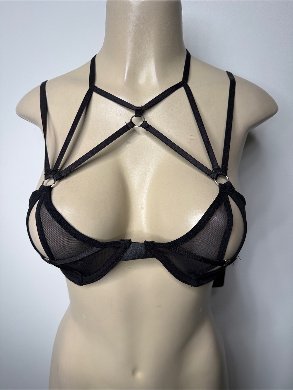 Frederick's of Hollywood Raven Black Strappy Harness Bra with Sheer Cups